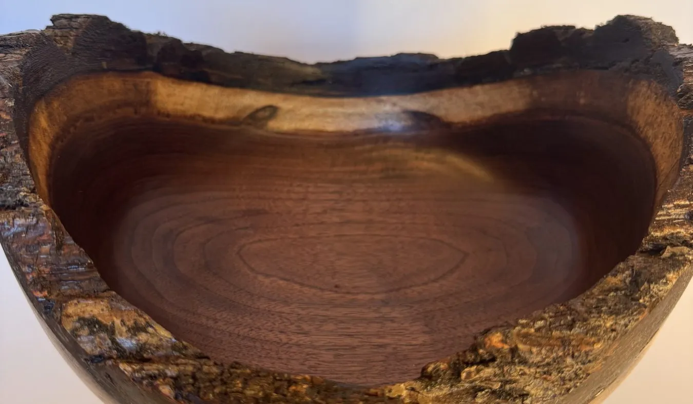 Natural Edge Walnut Bowl — Deep Wide Bark-Rim Form
